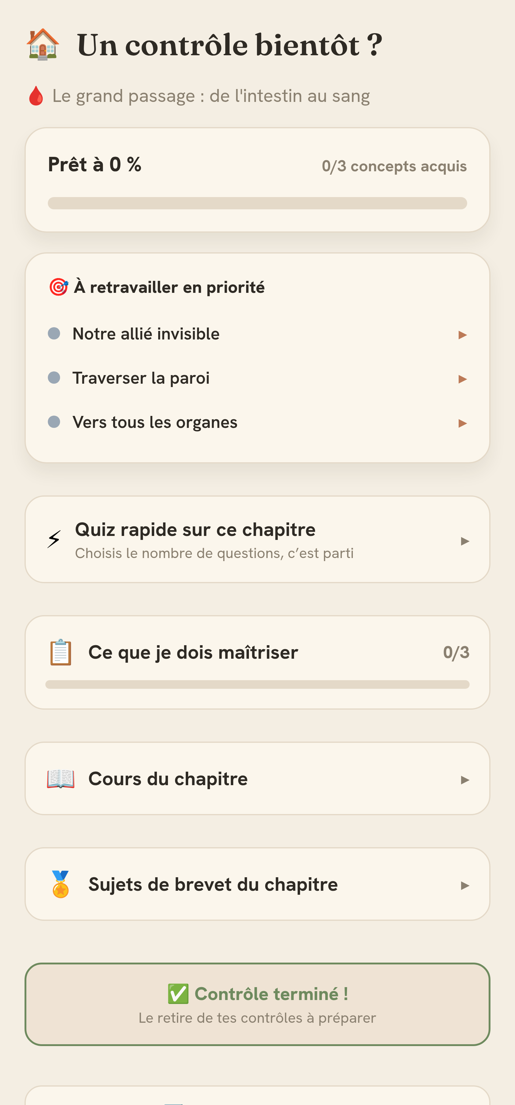 L’écran « Un contrôle bientôt ? » : niveau de préparation, notions à retravailler, quiz rapide et cours du chapitre.