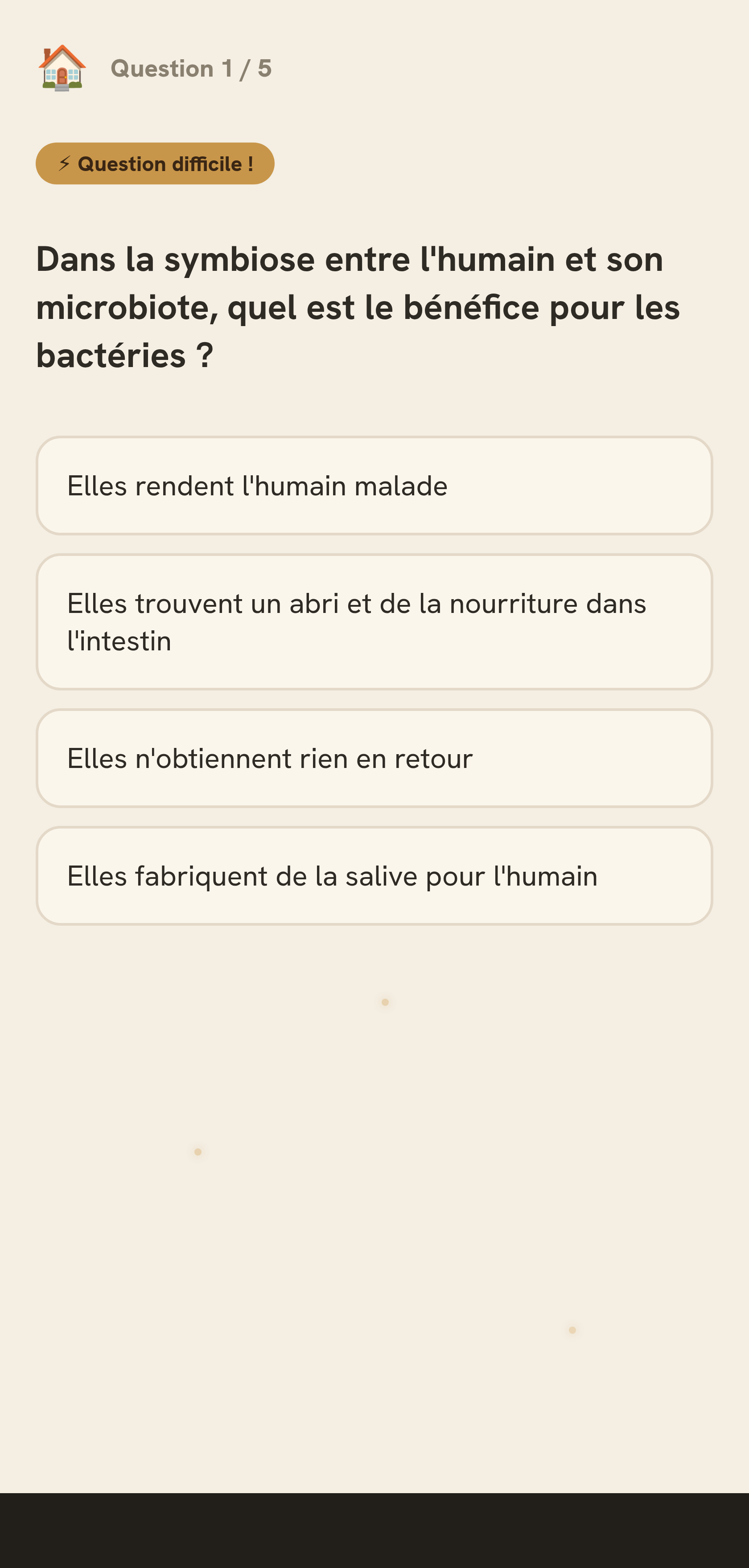 Une question de quiz sur le microbiote, signalée « question difficile ».