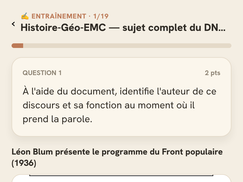 Le mode entraînement : le même sujet, seul, question par question
