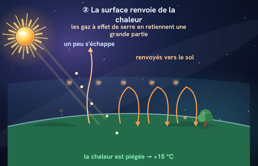 Scène animée, plan 2 : la surface renvoie de la chaleur, les gaz à effet de serre en retiennent une grande partie